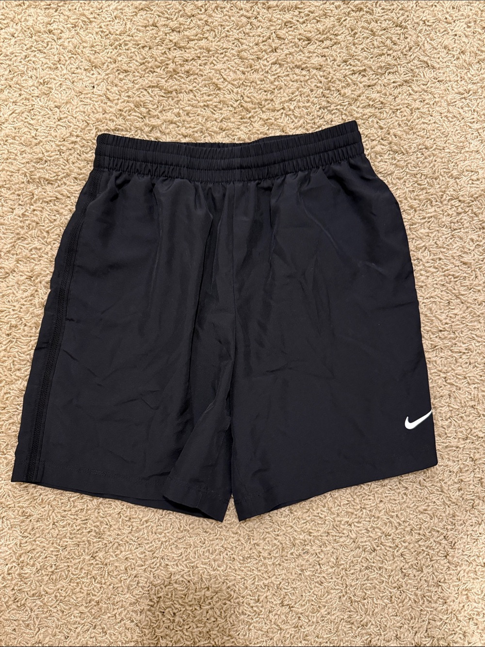 Nike boys Black Athletic Shorts with White Swoosh-MED